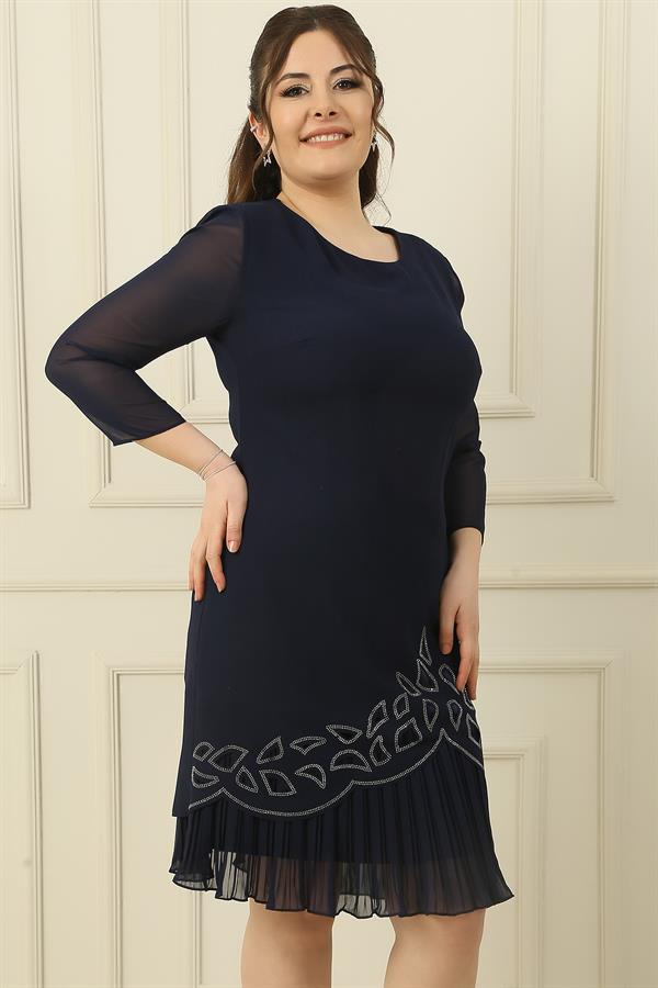 Plus Size Crepe Dress with Chiffon Pleats on Sleeves and Hem and Stone Embellishments