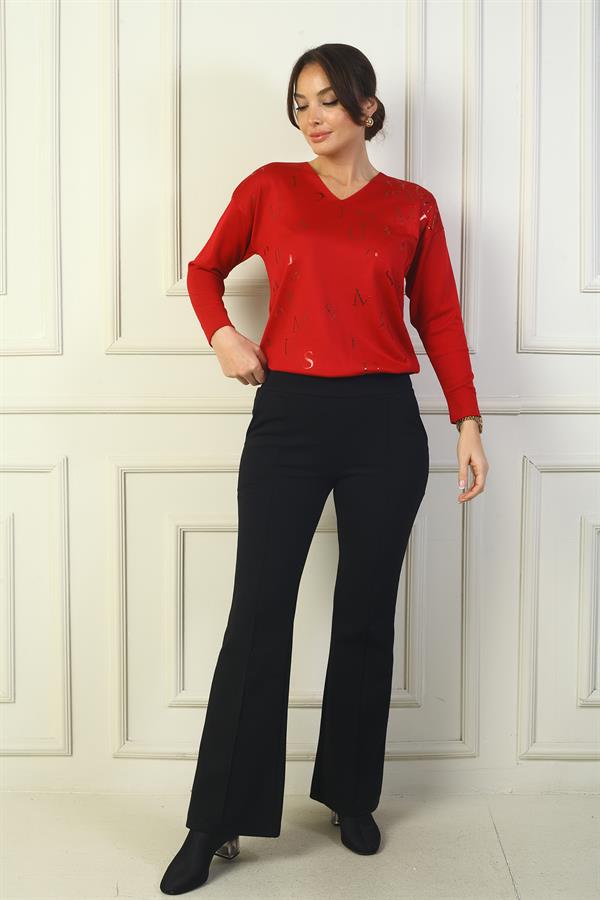 Kadın Beli Lastikli Yandan Cepli İspanyol Paça Çımalı Çelik Pantolon