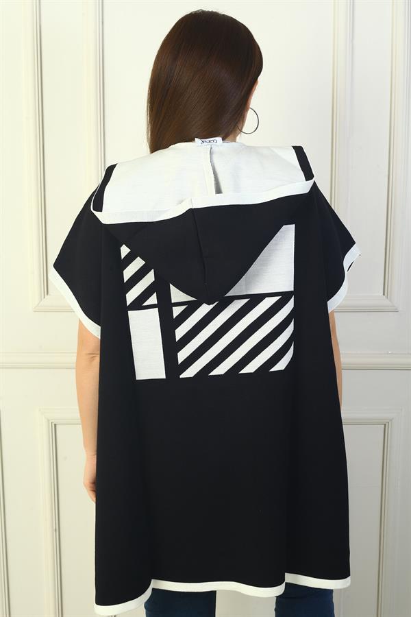 Poncho à capuche grande taille pour femme, avec bouton latéral et dos à motifs