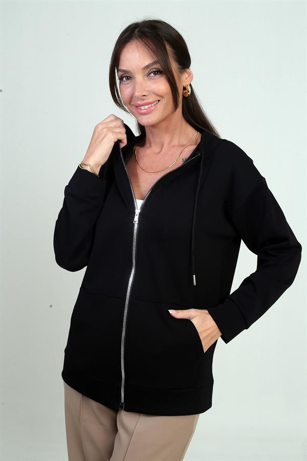 Kadın Kapüşonlu Kanguru Cepli Önü Fermuarlı Osyho Hırka