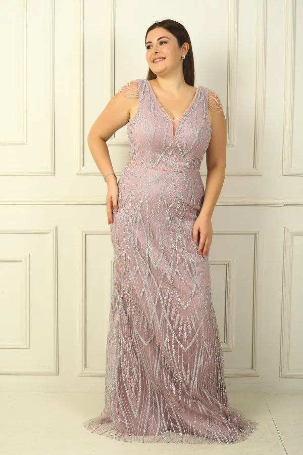 Kadın Omzu Püsküllü Astarlı Boncuk Ve Taşlı Büyük Beden Uzun Elbise