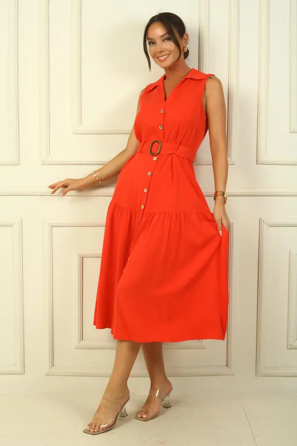 Buttoned Front Belted Long Dress