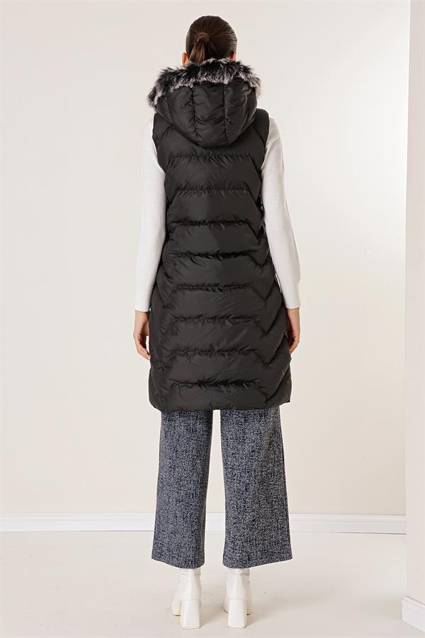 Kürklü Seyyar Kapüşonlu Yandan Cepli Astarlı Fermuarlı Şişme Yelek