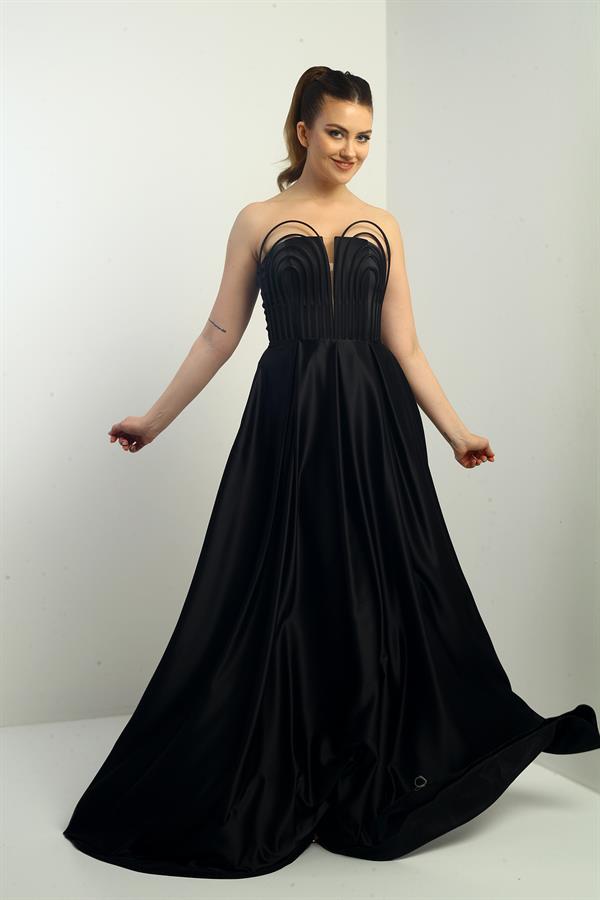 Women's Strapless Lined, Front Underwired, Piped, Pocketed, Flared Long Satin Evening Dress