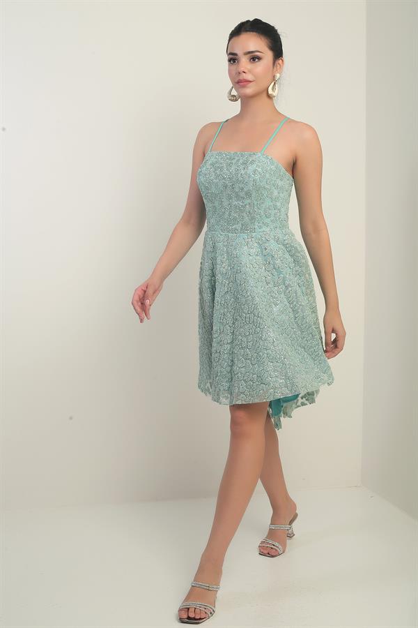 Women's Strappy Lined Short Flared Dress with Glitter Flock Print