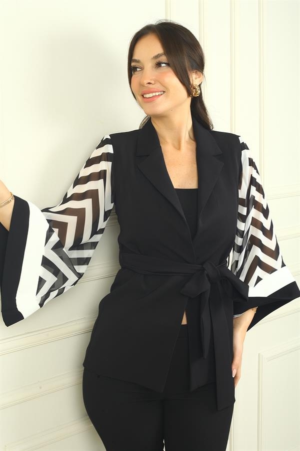 Kadın Kolları Zikzak Desen İspanyol Şifon Kollu Beli Kuşaklı Astarlı Ceket