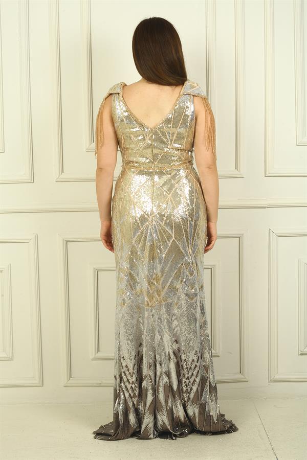 Robe de soirée longue à sequins BB doublée avec manches à pompons perlés