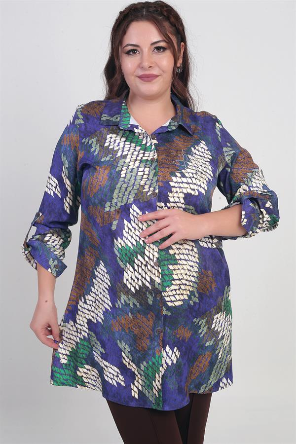 Kadın Batik Desenli Büyük Beden Krep Saten Uzun Gömlek