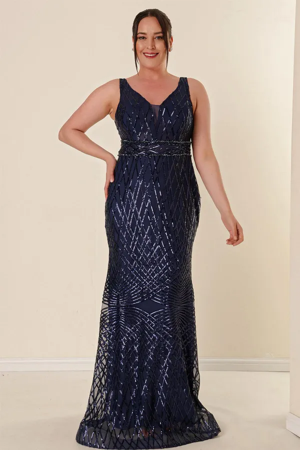 Robe longue à sequins grande taille pour femme, col en V, doublure, détails perlés