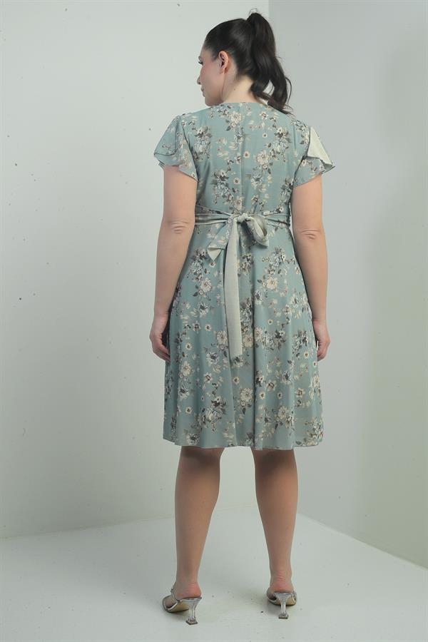 Robe en lin imprimé grande taille, doublée, col croisé, manches volantées