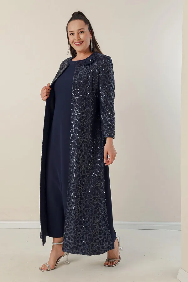 Robe longue en crêpe à manches demi-lune et devant à sequins, doublée en caftan, ensemble 2 pièces grande taille