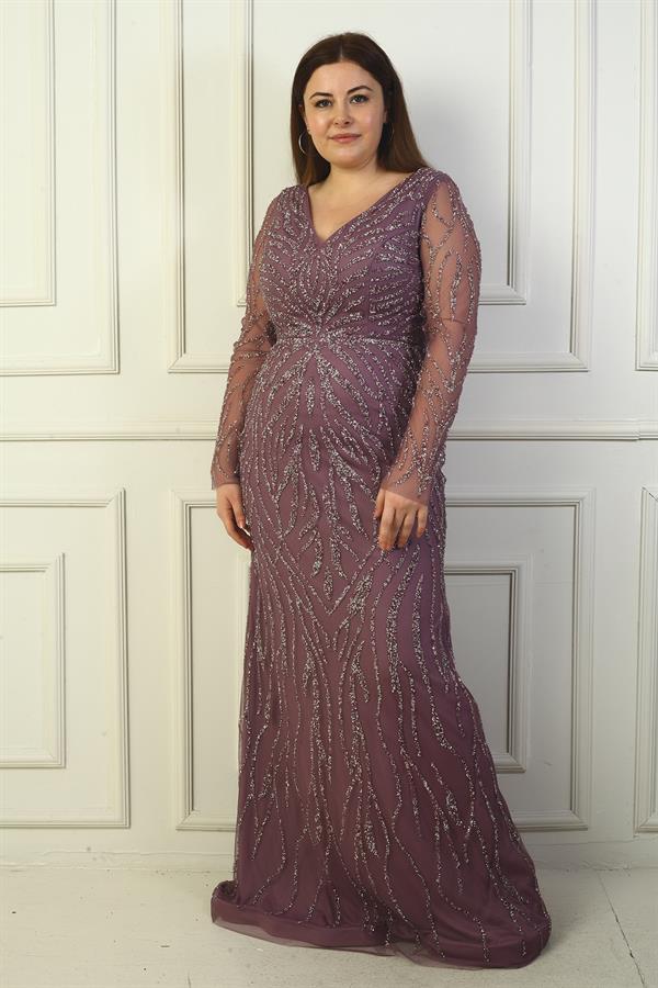 Front and Back V-Neck, Tulle Sleeves, Lined, Embellished Long Plus Size Dress