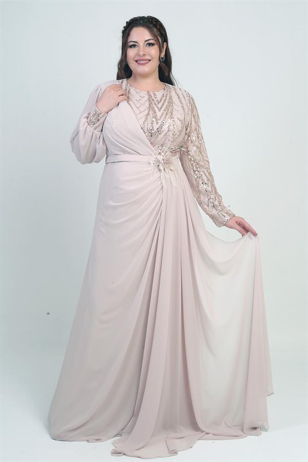 Robe longue en mousseline grande taille pour femme, ornée de sequins et de perles, doublée et à taille fleurie.