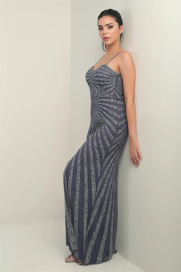 Women's Strappy Flocked Stone Print Lined Tulle Long Dress