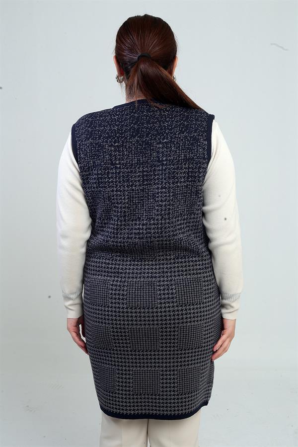 Women's Front Zippered Houndstooth Pattern Plus Size Pocket Knitwear Long Vest
