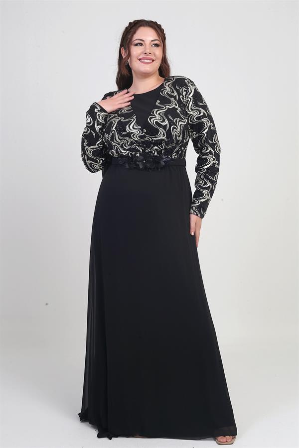 Kadın Kruvaze Yaka Görünümlü Pullu Astarlı Şifon Uzun B.B. Elbise