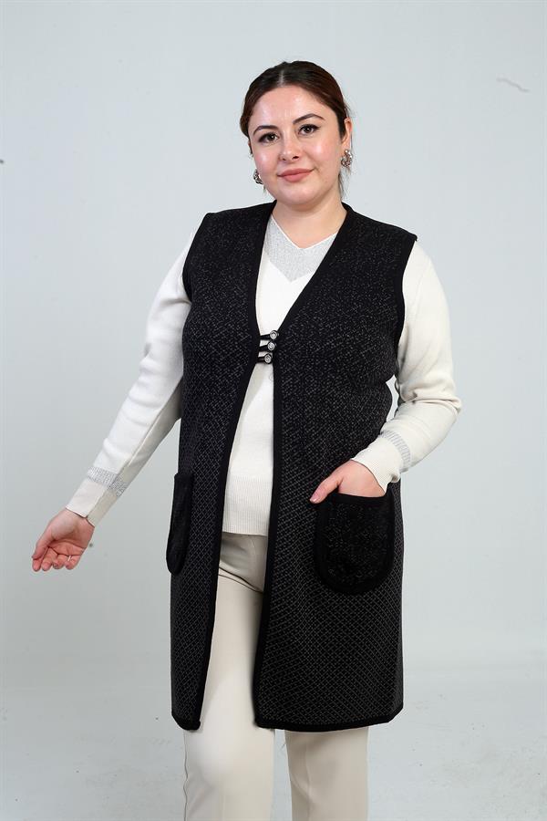 Gilet long en maille à poches, motif mini, fermeture à 3 boutons, grande taille, pour femme