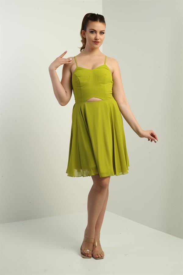 Women's Strappy, Back-Tie, Front-Opening, Lined Chiffon Short Flared Dress