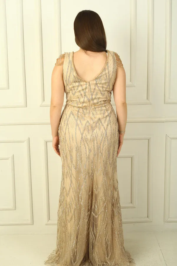 Kadın Omzu Püsküllü Astarlı Boncuk Ve Taşlı Büyük Beden Uzun Elbise