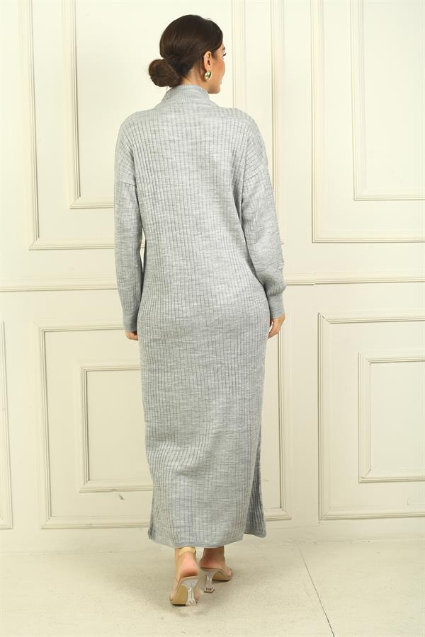 Round Neck, Zip-Up Long Sleeve Knitted Dress