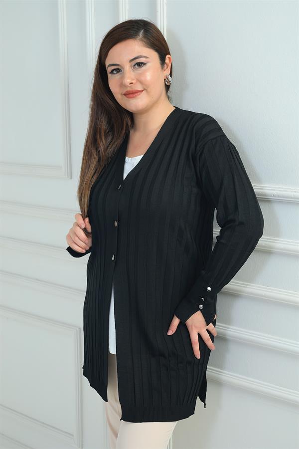 Gilet long grande taille pour femme avec détail de boutons de manchette et lycra côtelé épais