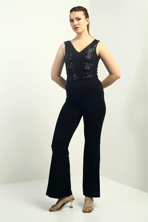 Beli Lastikli Astarlı En Boy Likralı Bol Paça Geniş Beden Aralıklı Simli Pantolon