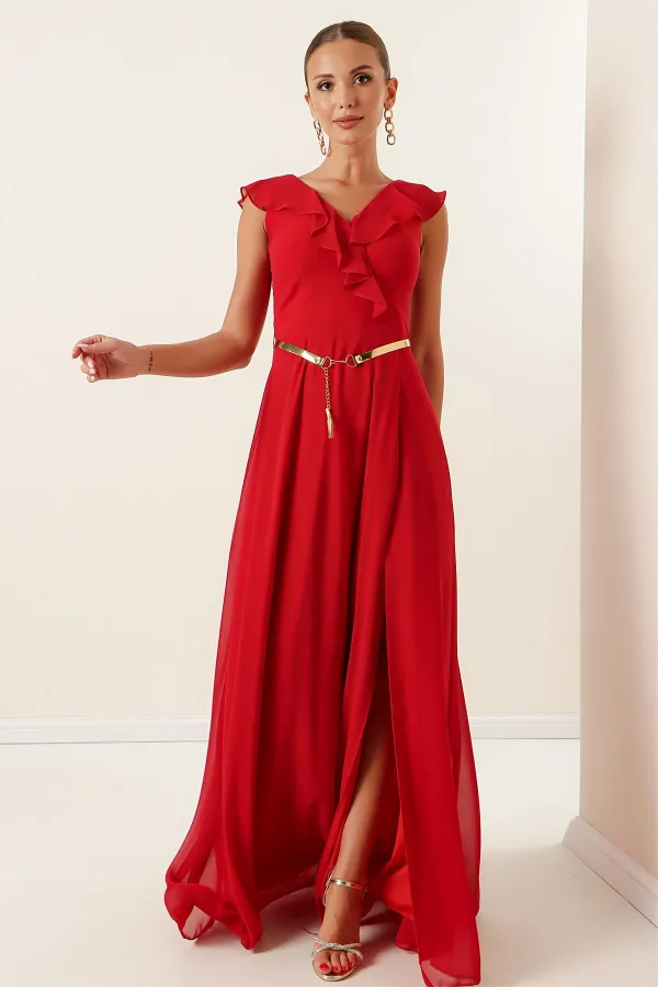 Yakası Volanlı Kemerli Şifon Yırtmaçlı Uzun Elbise