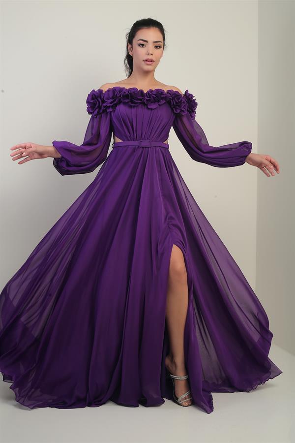 Women's Floral Madonna Neckline Belted Lined Chiffon Long Dress