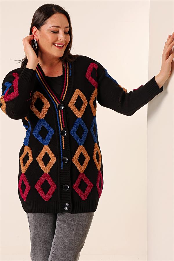 Oversize Havlu Baklava Desen Uzun Triko Hırka