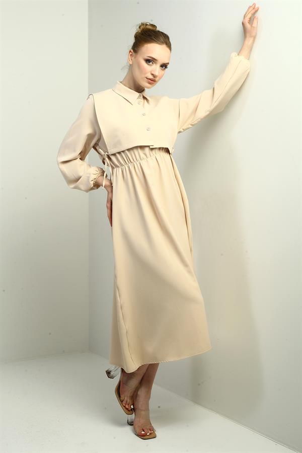 Women's Button-Down Detachable Vest, Elastic Waist, Long-Sleeved Midi Dress