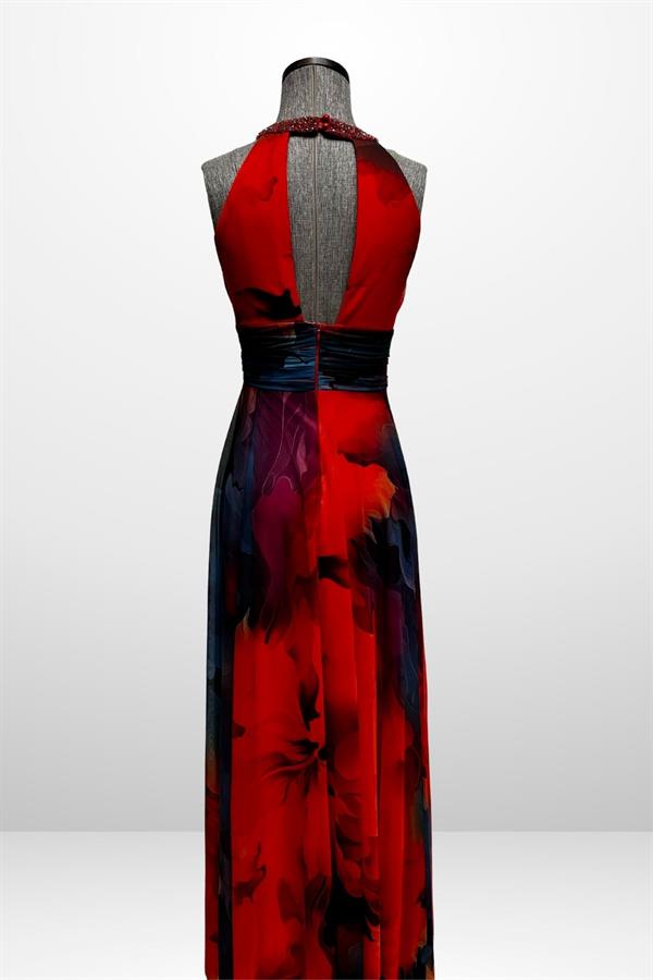 Kadın Önü Drapeli Astarlı Boncuk Detaylı Çiçekli Uzun  Şifon Elbise