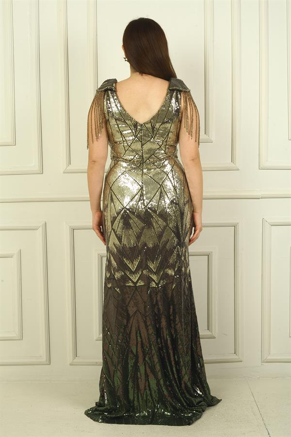 Robe de soirée longue à sequins BB avec manches à pompons perlés et doublure