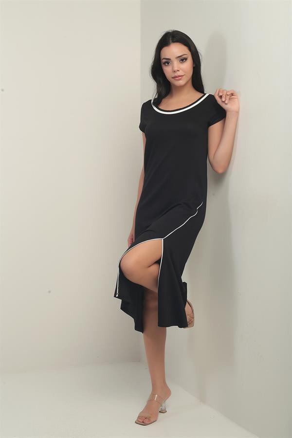 Kadın Madonna Yaka Biye Detaylı Yırtmaçlı Kristal Uzun Elbise