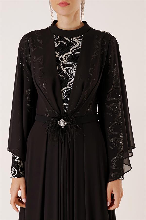 Pullu Yaldızlı Beli Taş Ve Tüy Detay Kemerli Astarlı Karışık Desenli Büyük Beden Şifon Uzun Tesettür Elbise