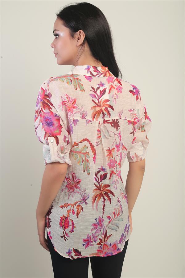 Kadın Çiçek Desenli Kol Katlamalı Gömlek