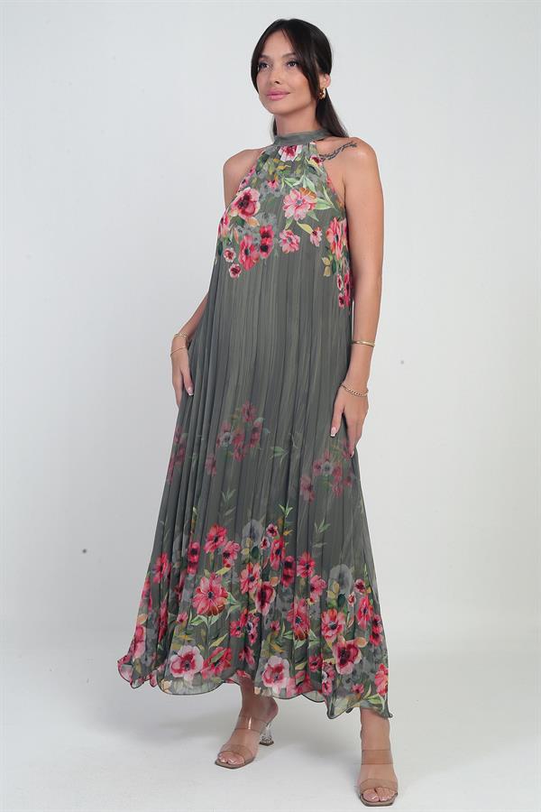 Robe longue plissée en mousseline doublée à motif floral pour femme