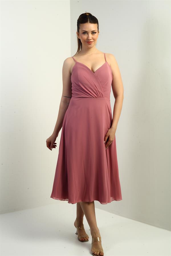 Women's Strappy Wrap Neckline Lined Lace-Up Back Flared Chiffon Dress