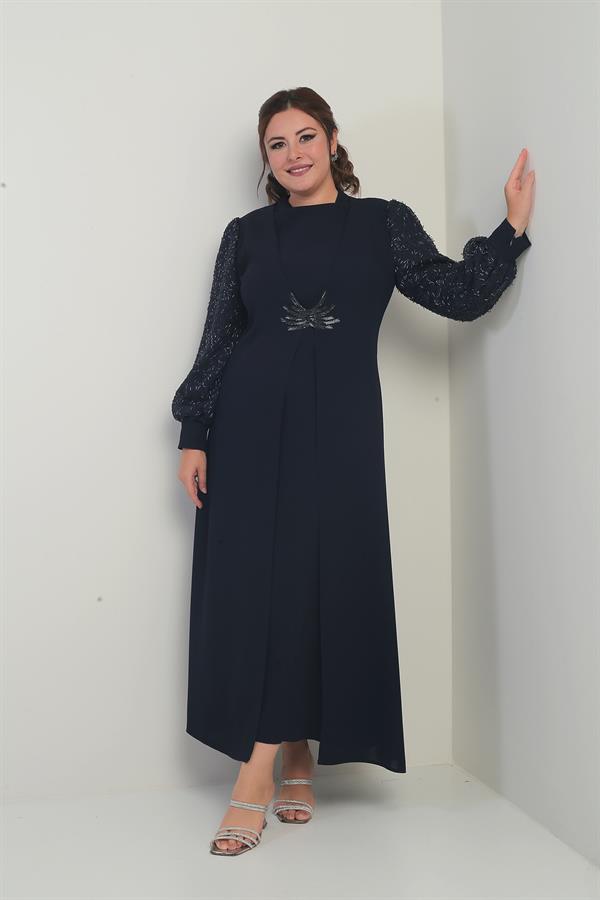 Kadın Kolu Ve Önü Pullu Büyük Beden Uzun Tesettür Elbise