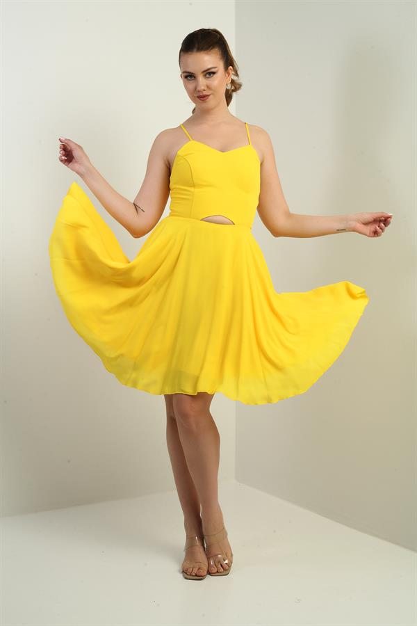 Women's Strappy, Back-Tie, Front-Opening, Lined Chiffon Short Flared Dress