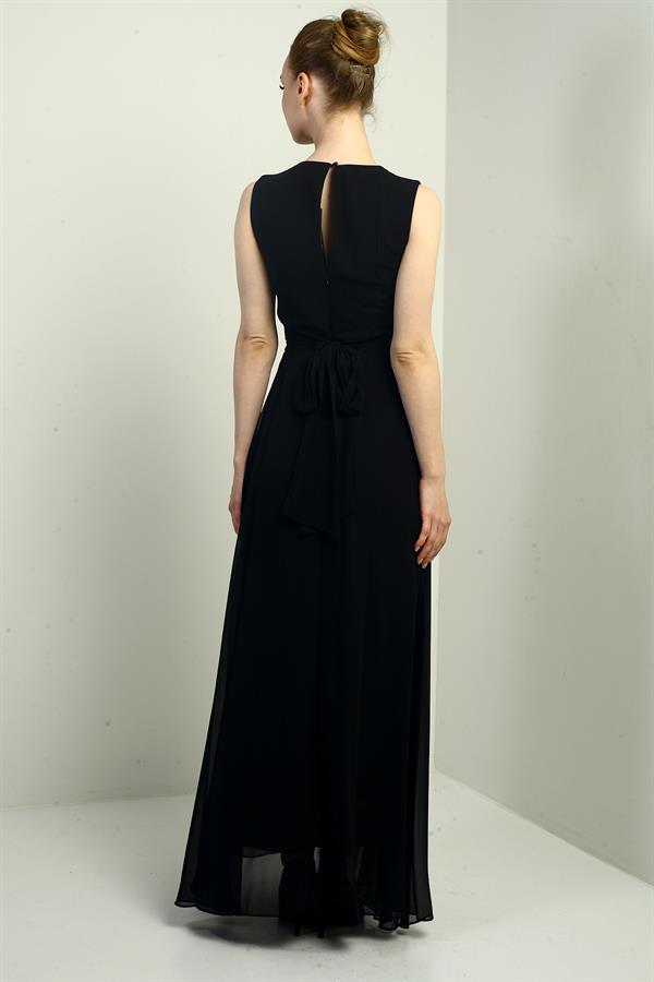 Women's V-Neck Long Crepe Chiffon Dress with Stone Detail at Waist, Gathered Front, Lined, and Tie-Back Closure.