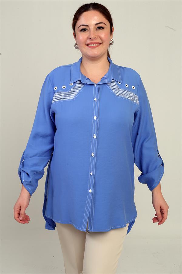 Chemise longue grande taille à manches repliées en maille ajourée pour femme