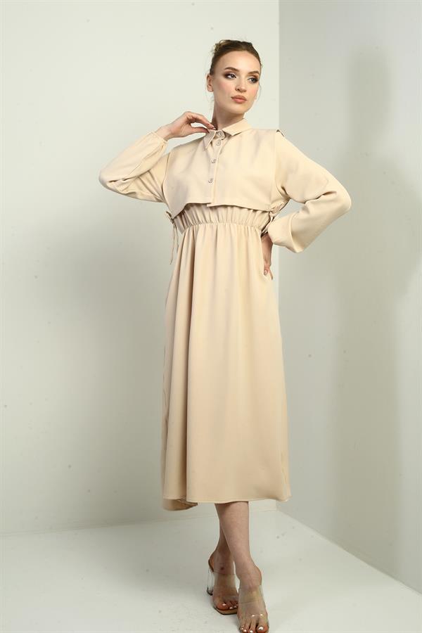 Women's Button-Down Detachable Vest, Elastic Waist, Long-Sleeved Midi Dress