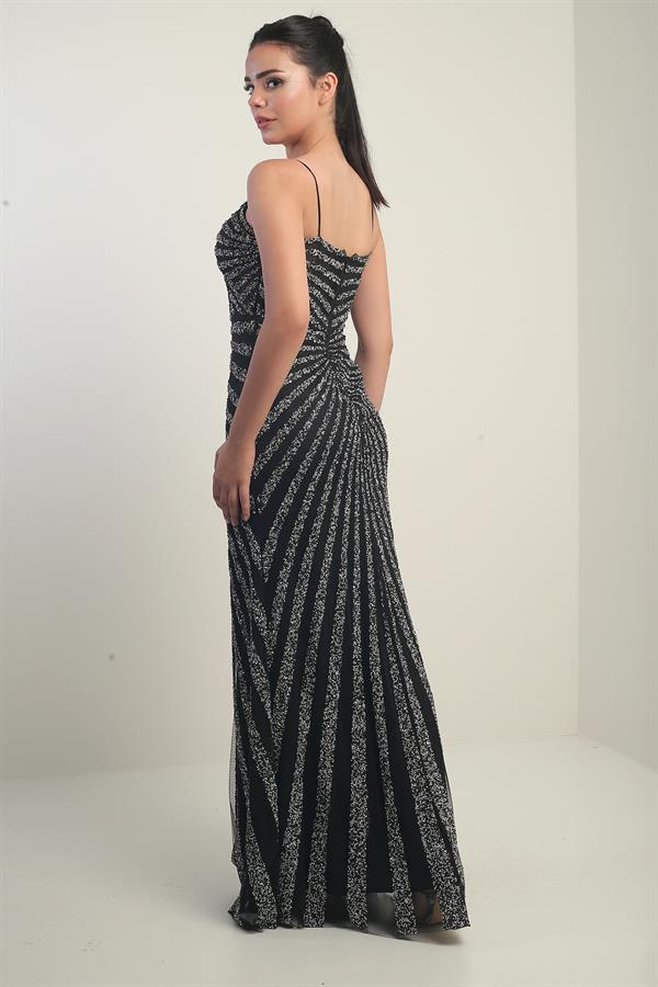 Women's Strappy Flocked Stone Print Lined Tulle Long Dress