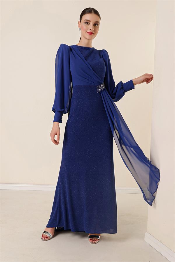 Beli Taş Aksesuarlı Likralı Şifon Detaylı Astarlı Uzun Simli Geniş Beden Aralıklı Elbise