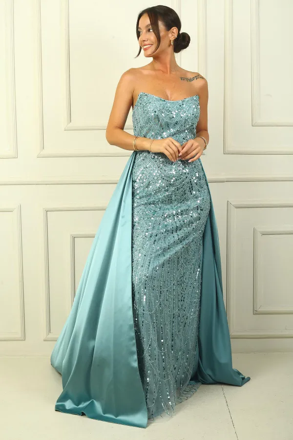Strapless Lined Satin Train Sequin Long Dress