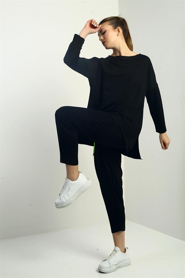 Women's Front Short Back Long Side Slit Sweatshirt Elastic Waist Pocket Pants Two-Piece Set