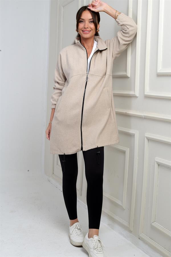 Manteau long en cachemire pour femme avec fermeture éclair sur le devant et poches élastiquées