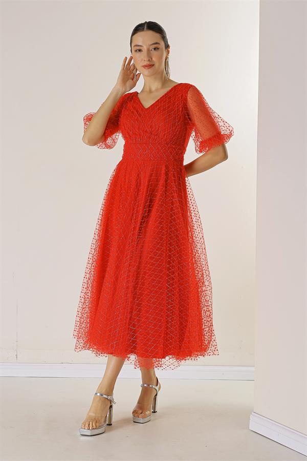 Front and Back V-Neck Short Balloon Sleeved Square Polka Dot Glitter Dahlia Fabric Lined Dress