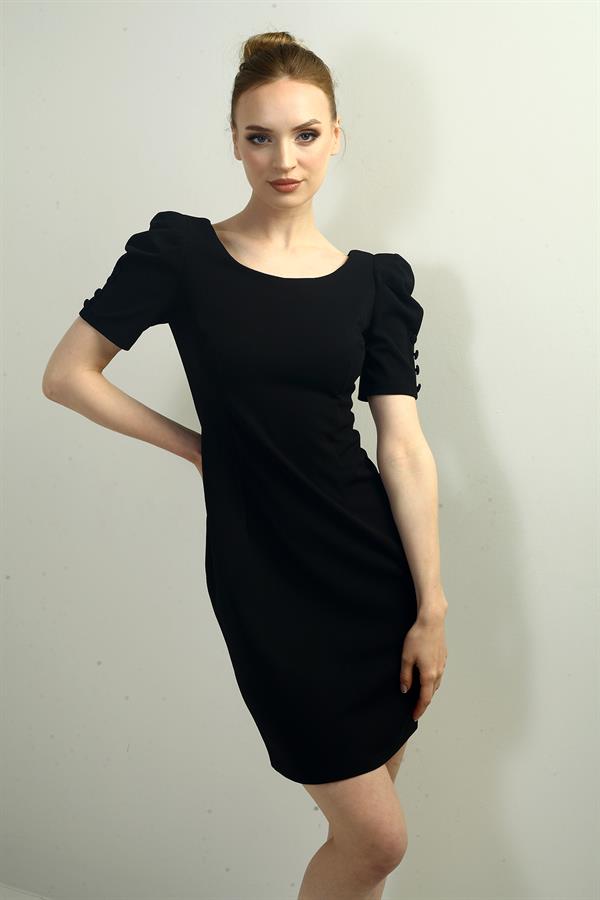 Women's Boat Neck Dress with Buttoned Sleeves, Pleated, and Zipper Back