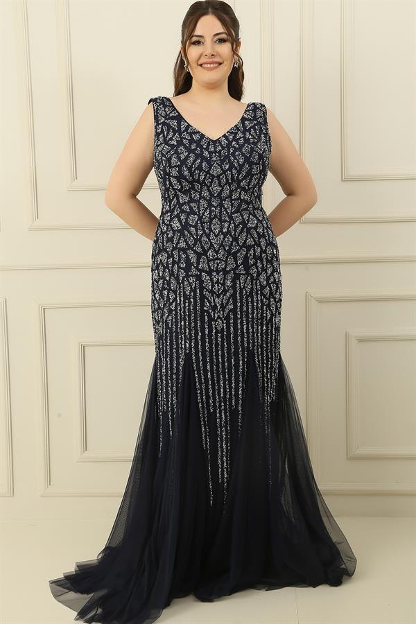 Front and Back V-Neck Stone Embellished Back Tie Lined Plus Size Long Dress